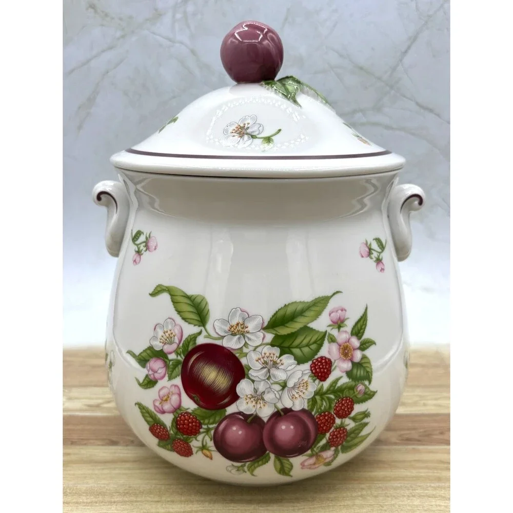 Lenox Ceramic Coffee Canister Orchard Fruit & Floral Design w/Lid Fine Porcelain
